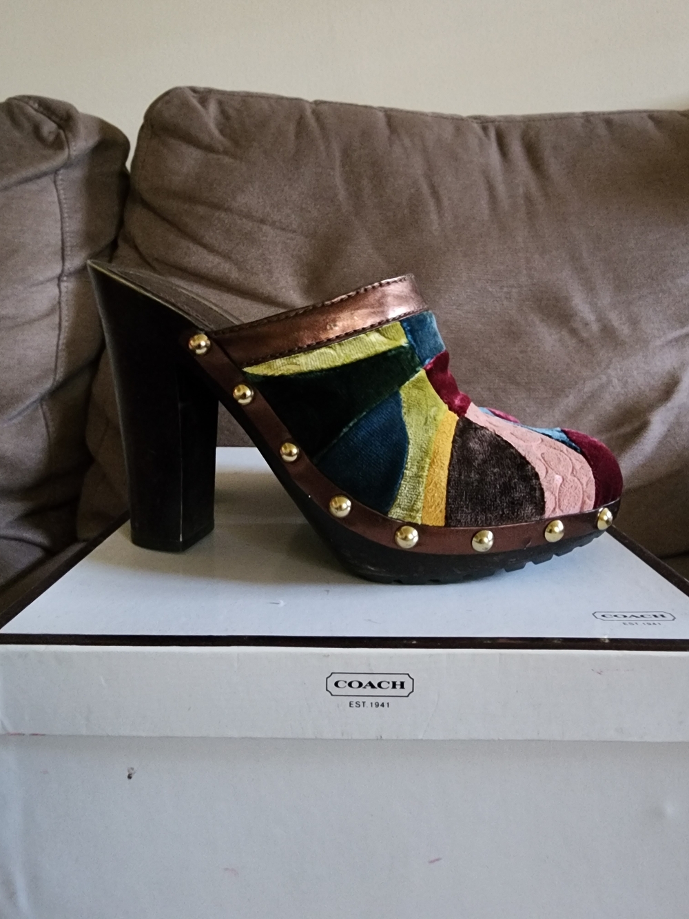 Pre-loved Coach Multicolor Patchwork Velvet Studded Mules - Picture 8 of 11